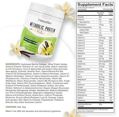 NaturalSlim Metabolic Protein Powder with Collagen, whey protein powder shake, Hydrolyzed Collagen with L-Glutamine for Metabolic Support, Digestion, Skin, Joints & Muscle, Low Carb 17.06 oz Vanilla