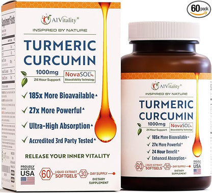 A1Vitality NovaSOL Turmeric Curcumin 1000mg – Clinically Proven 185x Higher Absorption – Promotes Joint Comfort, Mobility & Overall Wellness – Non-GMO, Doctor Formulated, 60 Softgels.