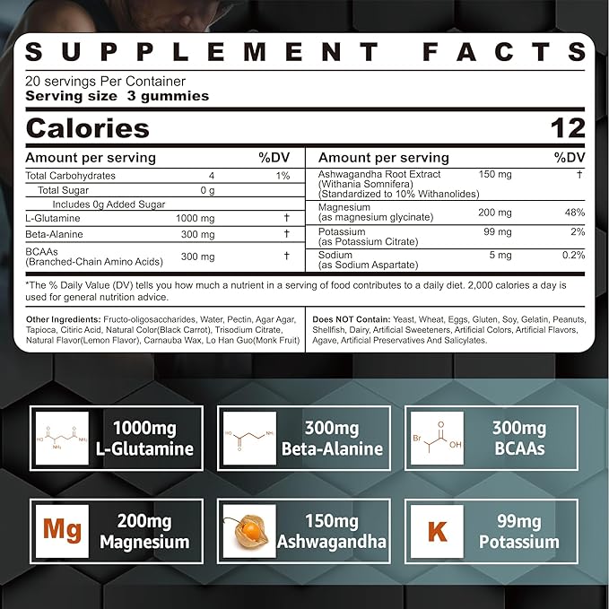 Nextdia L-Glutamine 1000mg Gummies for Women & Men| with Beta-Alanine, BCAAs, Magnesium Glycinate, Potassium & Ashwagandha | Vegan | Sugar-Free & Extra-Chewy | 60 Counts