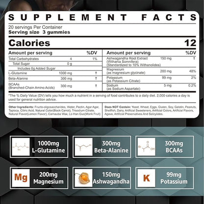 Nextdia L-Glutamine 1000mg Gummies for Women & Men| with Beta-Alanine, BCAAs, Magnesium Glycinate, Potassium & Ashwagandha | Vegan | Sugar-Free & Extra-Chewy | 60 Counts