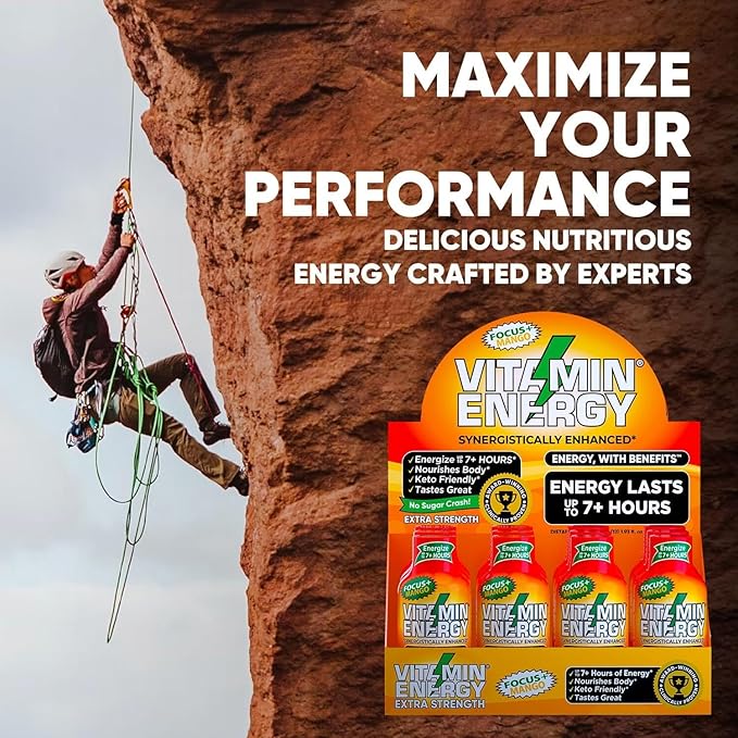 Vitamin Energy Focus+ Extra Strength Energy Shot Mango 24 Pack, 260mg Natural Caffeine, B-Vitamins, CoQ10, Amino Acids, Focus, Productivity & Clarity, Zero Sugar, Gluten-Free, 1.93 fl oz