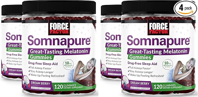Force Factor Somnapure Gummies with Melatonin, Drug-Free Sleep Support Supplement for Adults with Occasional Sleeplessness, Dream Berry Flavor, 120 Count (Pack of 4)