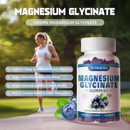Magnesium Glycinate Gummies 1000mg with Magnesium L-Threonate,Chelated Magnesium Potassium Complex Supplement with VitD, B6, CoQ10, Calcium,Supports for Memory, Calm, Mood - 180 Gummies Blueberry