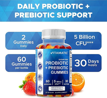 Vitamatic Probiotic Sugar Free Gummies for Men and Women – 5 Billion CFUs Digestive, Immune & Gut Health Support – Gluten Free