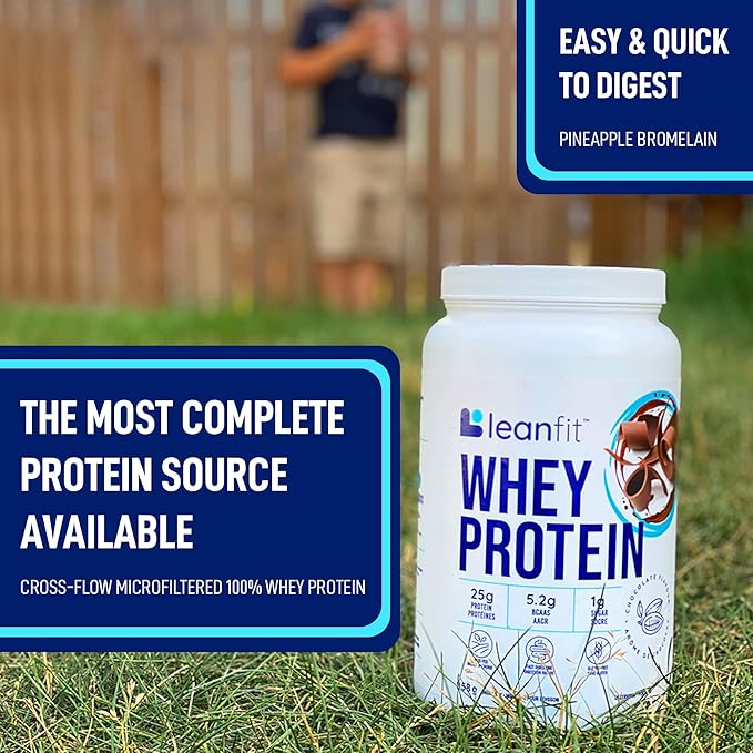 LeanFit® Grass-fed Whey Protein Powder, Natural Chocolate, Gluten-Free, Keto-Friendly & Low-Carb 24g Protein, 23 Servings, 858g (1.89 Pound) Tub