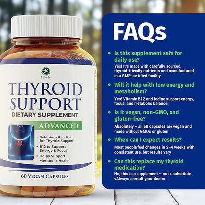1 Body Thyroid Support Supplement for Women and Men, Selenium with Iodine, Zinc, B12, Ashwagandha and L-Tyrosine, Supports Hormone Health, Energy and Metabolism, 30 Day Supply