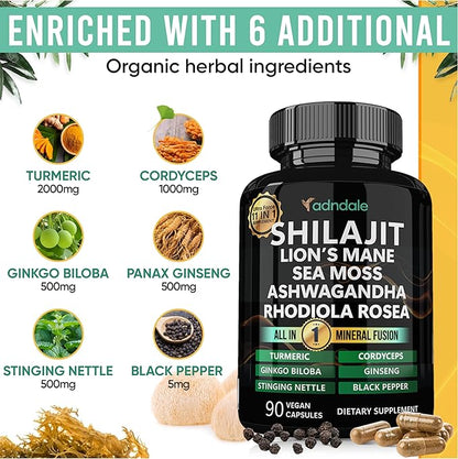 Adndale Shilajit for Men and Women. Pure Himalayan Organic Shilajit Capsules with Sea Moss Ashwagandha Rhodiola Rosea Lion’s Mane. 90 Count