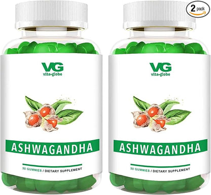 VITA GLOBE Ashwagandha Gummies 25mg with Vitamin D2 100mcg and Zinc 2mg, Ashwagandha for Men and Women, Supplement for Everyday Wellness, Mood Balance and Immune Nutrition, 60 Count, 2 Pack