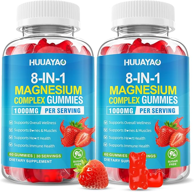 Magnesium Complex Gummies for Women Men 8 in 1, Magnesium Glycinate, Citrate, Malate, Taurate, Supports Bones, Muscle, Nerve Health, Sugar-Free, Vegan Non-GMO, Strawberry Flavor, 120 Count