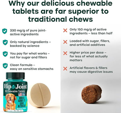 Natureflow Hip & Joint Supplement for Dogs, 300mg Green-Lipped Mussel for Dog Arthritis Pain Relief, Glucosamine, MSM & Chondroitin, Zero Sugar, Large Medium Small Breeds, 50 Chewable Tablets