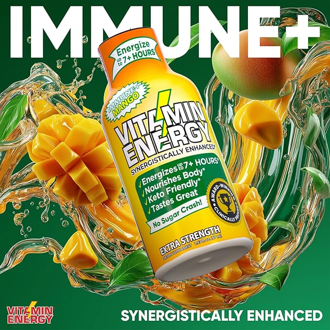 Vitamin Energy Immune+ Extra Strength Energy Shot Mango 10 Pack, 260mg Natural Caffeine, B-Vitamins, Citicoline, Green Tea, Immunity & Focus Support, Zero Sugar, Gluten-Free 1.93 fl oz