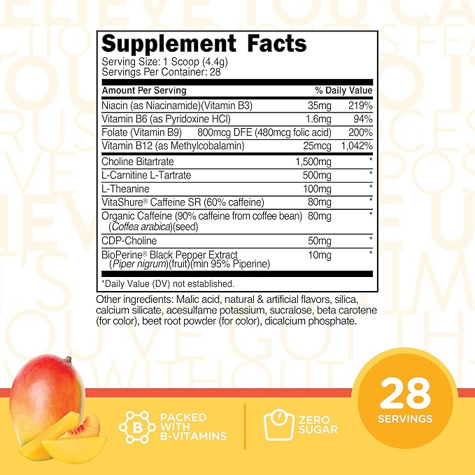 TransformHQ Energy & Focus Powder (Peach Mango) - Boost Shot Clean Energy Drink Mix - Sugar Free - Non-GMO, Gluten-Free - 28 Servings