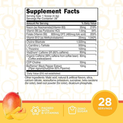 TransformHQ Energy & Focus Powder (Peach Mango) - Boost Shot Clean Energy Drink Mix - Sugar Free - Non-GMO, Gluten-Free - 28 Servings