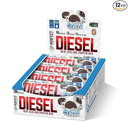 PERFECT SPORTS Diesel New Zealand Whey Protein Bars | Stevia Sweetened, No Artificial Flavors | Low Sugar, 18g Protein | 12 Pack (Cookies n' Cream)