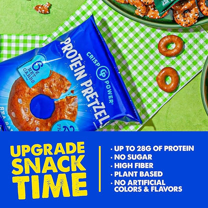 CRISP POWER Protein Pretzels, Sea Salt, 28G Protein, High Protein Snack, High Fiber, Low Carb Crunchy Pretzel Snacks, No Added Sugar, 1.75 oz Bags, 24 Pack, Vegan, Keto