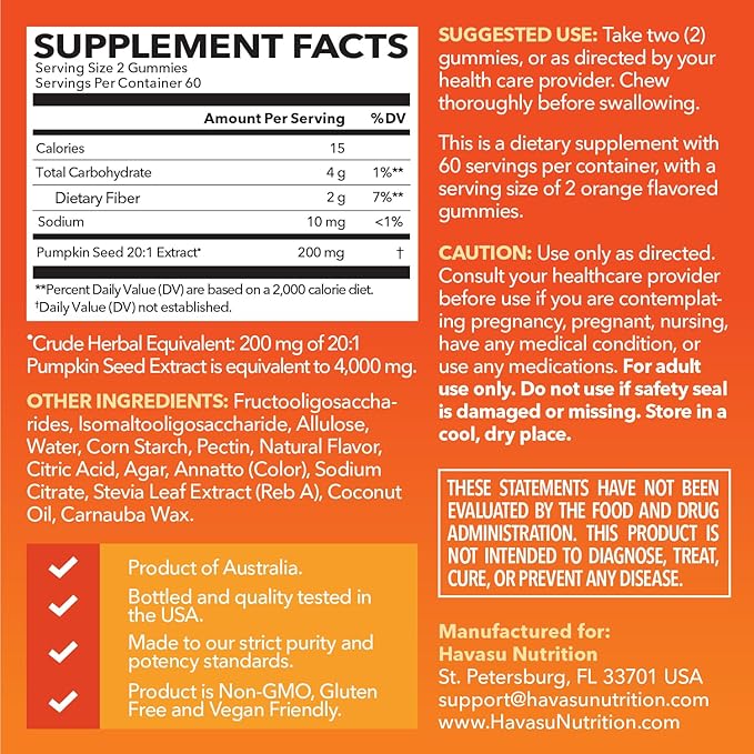 Pumpkin Seed Oil Gummies for Bladder and Urinary Tract Support - 200mg Pumpkin Seed Extract Per Serving - Vegan, Non-GMO, Gluten-Free - Sugar Free Pumpkin Seed Gummies - Orange Flavor, 60 Servings