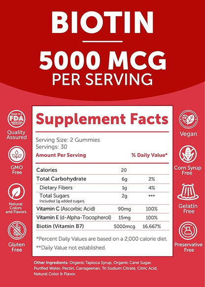 Lunakai USA Made Biotin Gummies 5000mcg with Vitamin C & E - Delicious Hair Skin Nails Vitamins for Women, Non-GMO, Hair Growth Supplement, 60 Ct