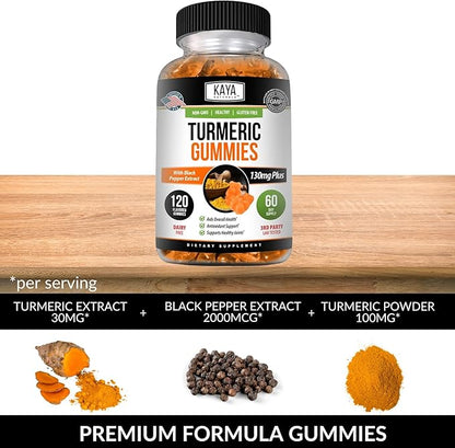 Kaya Naturals Turmeric Supplements Gummies - Pure Nature Turmeric Curcumin - Ginger Gummies - Black Pepper Extract - 120 Count