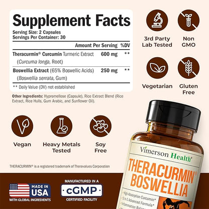 Advanced Turmeric Curcumin Supplement for Joint Support & Inflammation – Enhanced Absorption Theracurmin 600mg with Boswellia Serrata for Mobility & Recovery – Vegan, Gluten Free – 60 Capsules