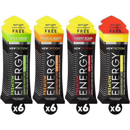 NewTrition® Extra Strength Energy Shots 1.7 fl oz - 250mg Caffeine with B Vitamins & Amino Acids, Sugar-Free Zero Calorie Vitamin Energy Drink for Focus & Endurance (Pack of 24, 4 Flavors - Mixed 2)