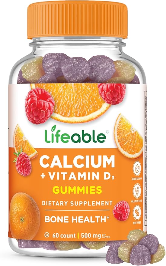 Lifeable Calcium with Vitamin D3 Gummies | Calcium 500 mg D3 1000 IU | Great Tasting Bone Strength Supplements | for Bone Health | Calcium Gummies for Women, Men | 60 Gummies