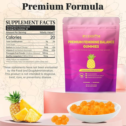Premium Feminine Balance Gummies - for Women’s Health & Wellness - Immune Support - Vegan, Gluten-Free - Hawaiian Pineapple - 60 Gummies - 30 Servings
