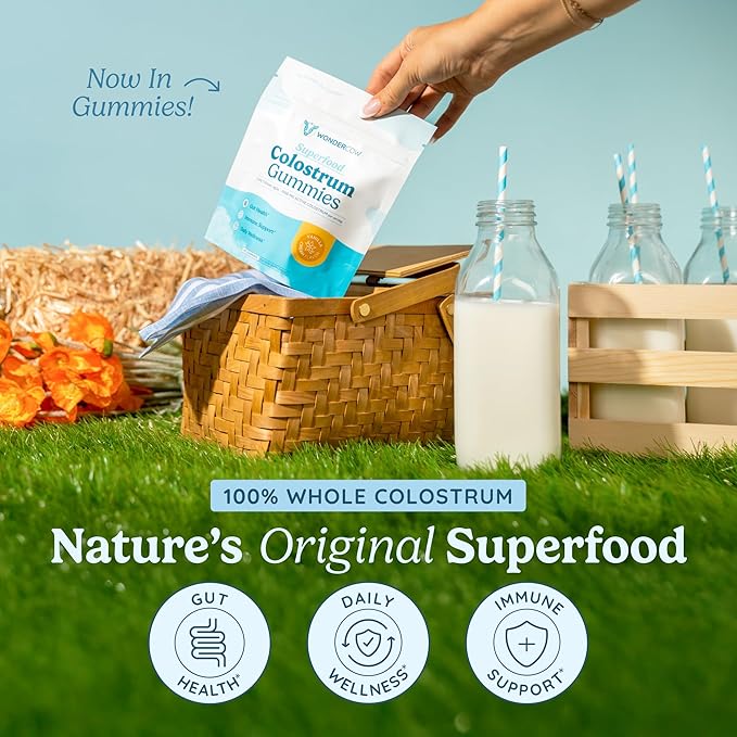 WONDERCOW Colostrum Gummies for Gut Health, Immune Support & Wellness | Natural IgG Whole Bovine Colostrum Supplement, 1,000mg per Serving (15 Gummies (5 Servings), Vanilla Cream)