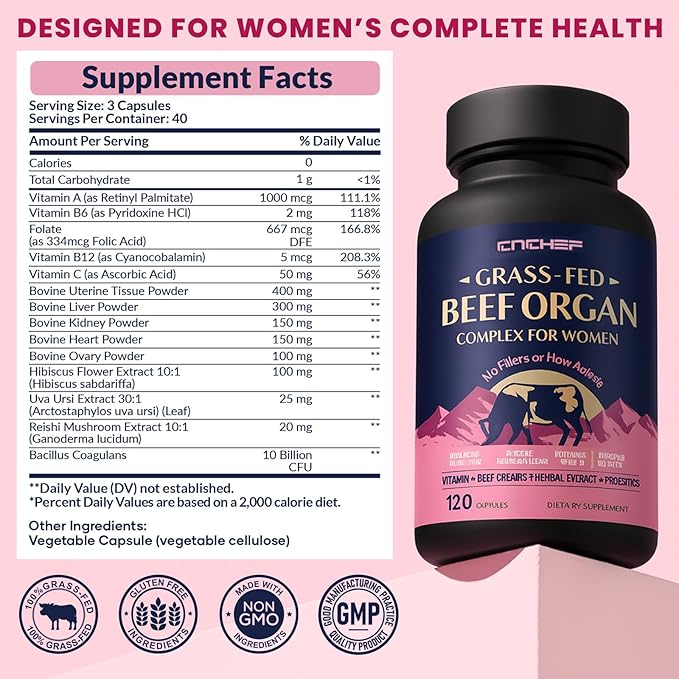 Beef Organ Supplement for Women, Beef Liver, Kidney, Heart & Uterus Tissue, with Multivitamins, Folate & Herbal Extracts – Balance Hormones, Support PMS & Energy, Grass Fed,Pasture Raised,120 Capsules