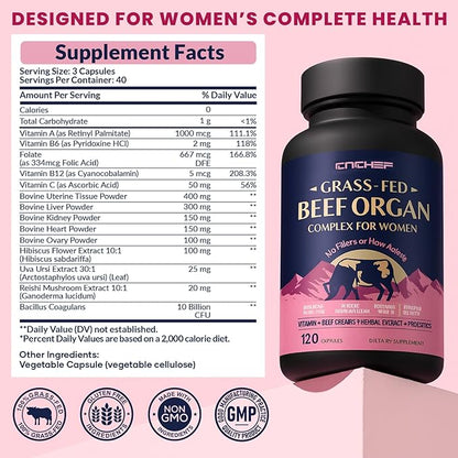 Beef Organ Supplement for Women, Beef Liver, Kidney, Heart & Uterus Tissue, with Multivitamins, Folate & Herbal Extracts – Balance Hormones, Support PMS & Energy, Grass Fed,Pasture Raised,120 Capsules