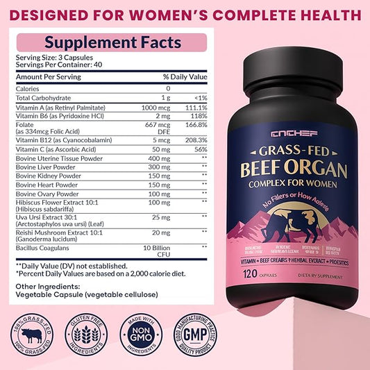 Beef Organ Supplement for Women, Beef Liver, Kidney, Heart & Uterus Tissue, with Multivitamins, Folate & Herbal Extracts – Balance Hormones, Support PMS & Energy, Grass Fed,Pasture Raised,120 Capsules