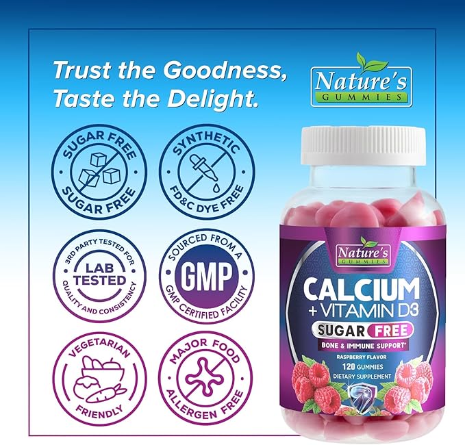 Calcium Supplement Gummies - Sugar Free Calcium Gummy with Vitamin D3 for Best Absorption - Supports Immune Health, Bones & Teeth - Nature's Calcium Chews for Women & Men - Berry Flavor - 120 Gummies