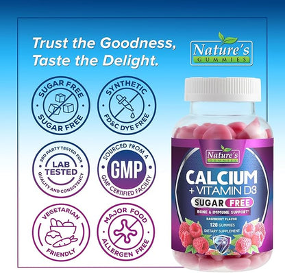 Calcium Supplement Gummies - Sugar Free Calcium Gummy with Vitamin D3 for Best Absorption - Supports Immune Health, Bones & Teeth - Nature's Calcium Chews for Women & Men - Berry Flavor - 120 Gummies