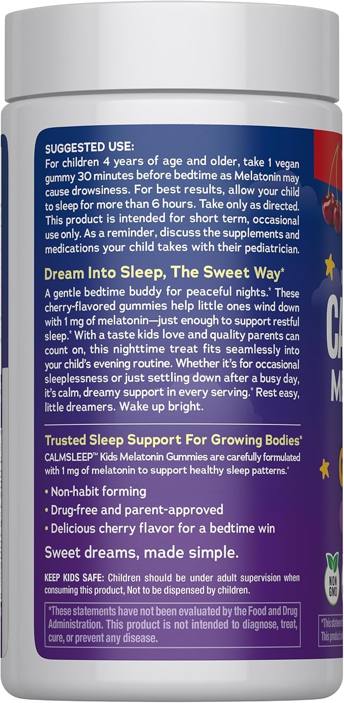 Natural Vitality Kids Calm Sleep Melatonin 1mg Gummies | Nighttime Cherry Flavor | 100% Drug Free | Non-GMO, Vegan & Gluten Free Supplement | 90 Count