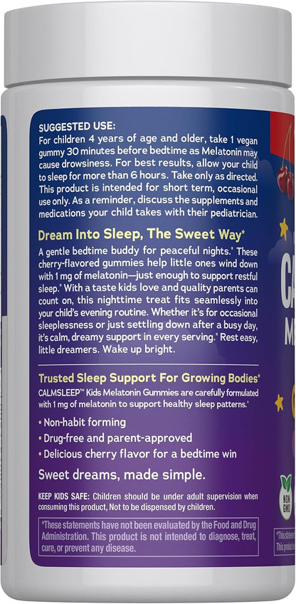 Natural Vitality Kids Calm Sleep Melatonin 1mg Gummies | Nighttime Cherry Flavor | 100% Drug Free | Non-GMO, Vegan & Gluten Free Supplement | 90 Count