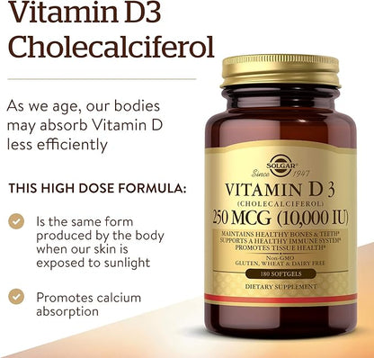 Solgar Vitamin D3 Cholecalciferol 250 MCG 10000 IU Softgels Helps Maintain Healthy Bones Teeth Immune System Support Non-GMO Gluten, Dairy Free Servings, 180 Count
