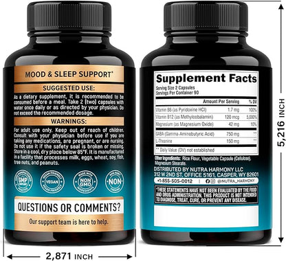 GABA L-Theanine 900 mg - Made in USA - Magnesium | Vitamin B6 - Calm, Sleep, Relaxation & Mood Support - 750 mg Gamma AminoButyric Acid, 150 mg L-Theanine - Non-Habit Forming, Vegan - 180 Capsules