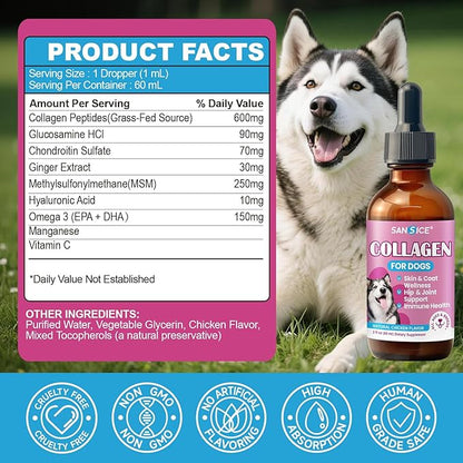 Collagen for Dogs Joint Health, Grass-fed Dog Collagen Drops with Omega 3, Vitamin C for Skin & Coat, Dog Hip and Joint Supplement with Glucosamine, Chondroitin, Hyaluronic Acid-Bone, Immune-2 Fl