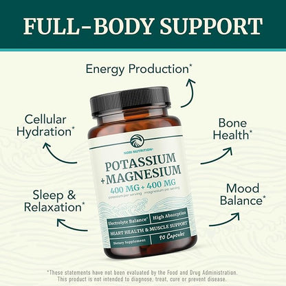 Potassium Magnesium Supplement | High Strength Electrolyte Balance for Heart Health & Muscle Support | 400 MG Potassium + 400 MG Magnesium | Energy, Bone Health, Sleep & Mood Support | 90 Ct.