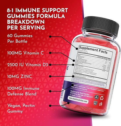 Atlantis Nutrition 8-in-1 Immune Support Gummies with Elderberry | Immune Supplement with Elderberry, Quercetin, Zinc, Vitamin C - Immunity Boosters for Adults & Kids - Delicious Flavor - 60 Count