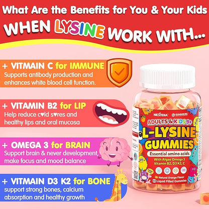 L-Lysine Gummies 500/1000mg with Algae Omega 3, Vitamin B2, D3, K2, C for Kids 9+, Teen & Adult, Lysine Supplement Support Immune, Lip & Oral, Collagen Production, Brain, Bone Health, Sugar Free 1Pack