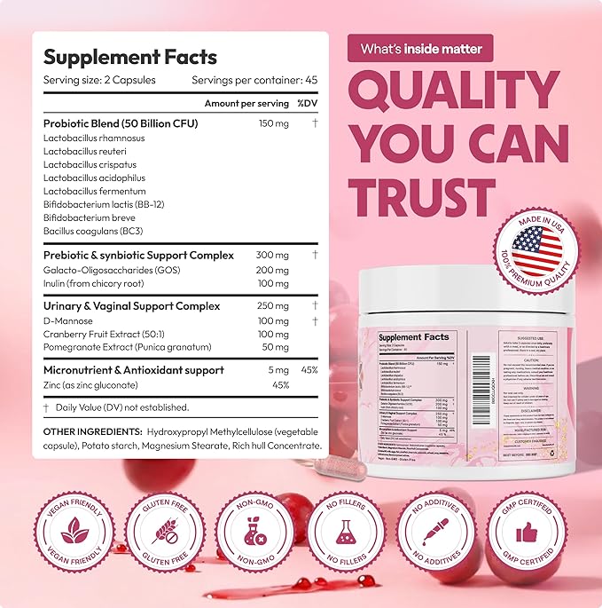 Vaginal Probiotics for Women – pH Balance & Vaginal Flora Support – Women’s Synbiotic with Probiotics & Prebiotics, Lactobacillus Blend & Cranberry – 90 Capsules
