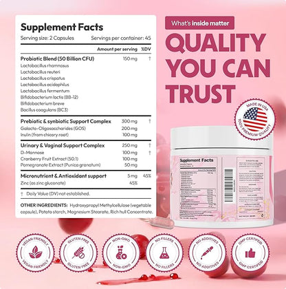 Vaginal Probiotics for Women – pH Balance & Vaginal Flora Support – Women’s Synbiotic with Probiotics & Prebiotics, Lactobacillus Blend & Cranberry – 90 Capsules