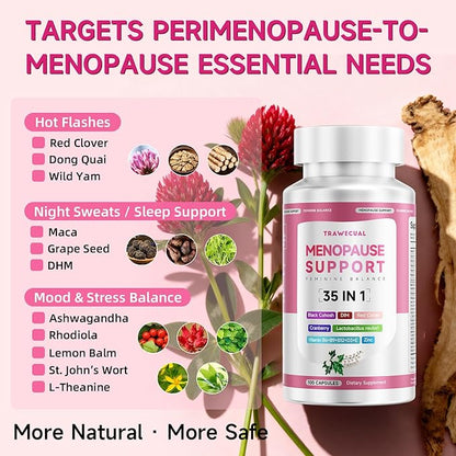 Menopause Supplements For Women, 400mg Black Cohosh & 200mg DIM for Hot Flashes, Night Sweats Relief & Hormone Balance, 35-in-1 with Probiotics, Ashwagandha & Red Clover, 100 Capsules/50-Day Supply