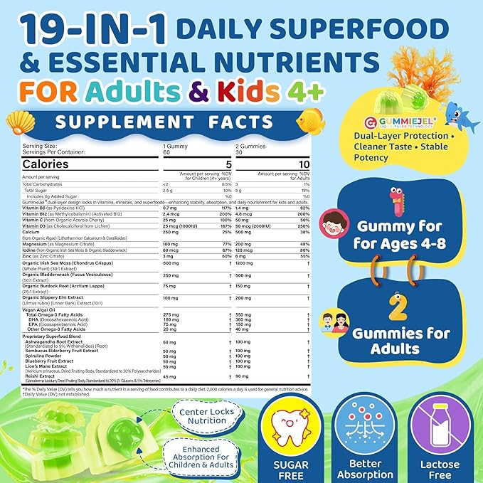 Sea Moss + Elderberry Gummies for Kids & Adults, 19-IN-1 Super Food with Spirulina, Algae Omega 3, Algae Calcium, Ashwagandha, Mushroom, Vitamins D3, C for Immune, Gut, Bone, Energy, Brain,Vegan 60Cts