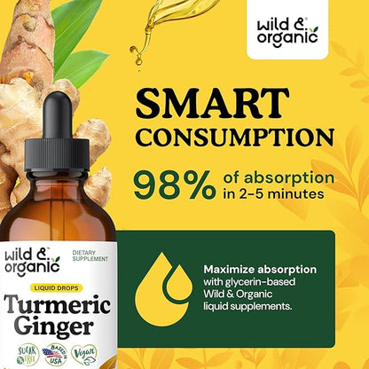 Wild & Organic Turmeric and Ginger Supplement Drops - Joint & Immune Support - Liquid Turmeric Curcumin with Black Pepper and Ginger - Curcumin Supplement - Vegan, Sugar & Alcohol-Free Tincture - 4 oz