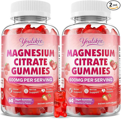 2 Pack Magnesium Citrate Gummies, High Absorption Magnesium Gummies for Adults, Magnesium Supplement to Support Natural Relaxation, Vegan, Sugar-Free, Strawberry Flavor, 120 Count