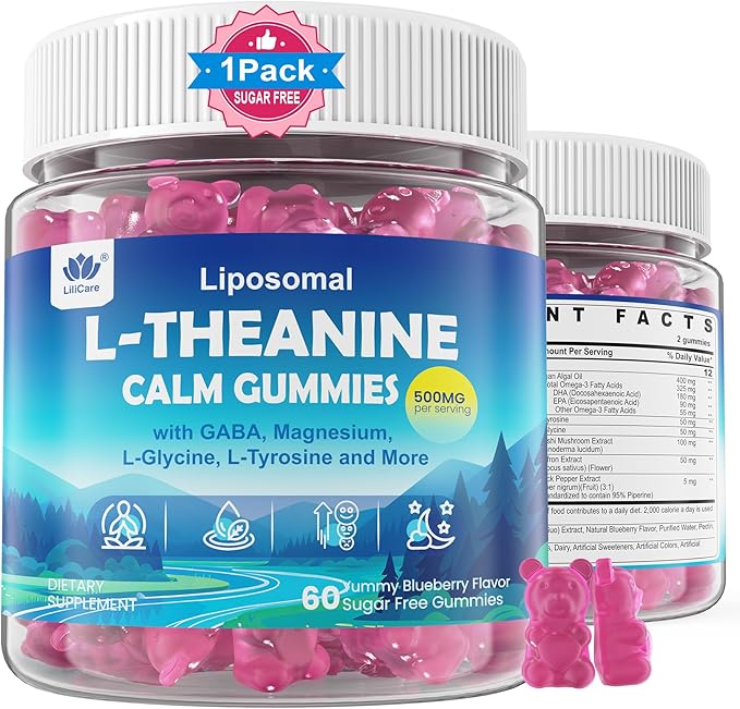 Liposomal L-Theanine Gummies 500mg, Melatonin-Free Calm & Relaxation Gummies with Magnesium Glycinate, 5-HTP, Mushroom, Vitamins D3, B12, Ashwagandha, for Brain Calm, Relax, Mood, Zzz, Vegan 60 Cts