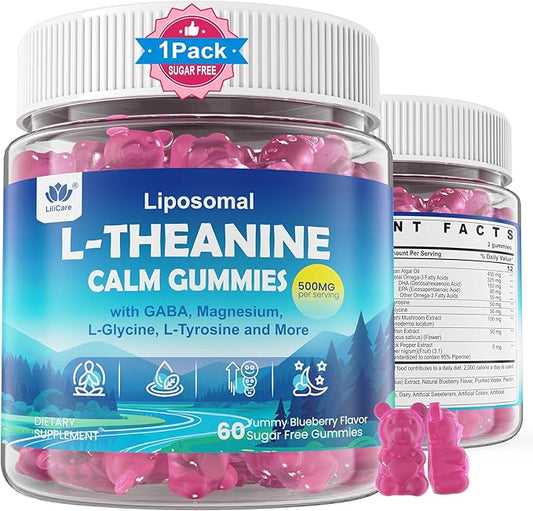 Liposomal L-Theanine Gummies 500mg, Melatonin-Free Calm & Relaxation Gummies with Magnesium Glycinate, 5-HTP, Mushroom, Vitamins D3, B12, Ashwagandha, for Brain Calm, Relax, Mood, Zzz, Vegan 60 Cts