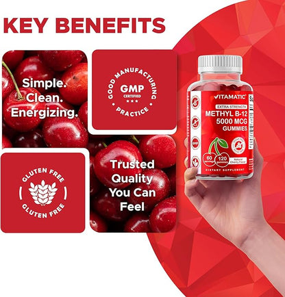 Vitamatic Extra Strength Vitamin B12 5000 mcg (Methyl B12) Gummies - 120 Count - Energy Metabolism Support and Nervous System Health Support, Natural Cherry Flavored (1)