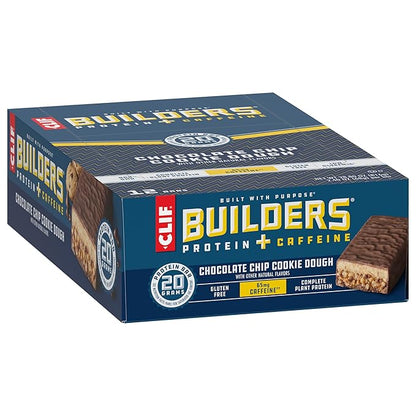 CLIF BUILDERS + Caffeine Protein Bars - Chocolate Chip Cookie Dough Flavor - 20g Plant Based Protein - Gluten Free - Non-GMO - Low Glycemic - No Artificial Sweeteners - 2.4 oz. (12 Pack)